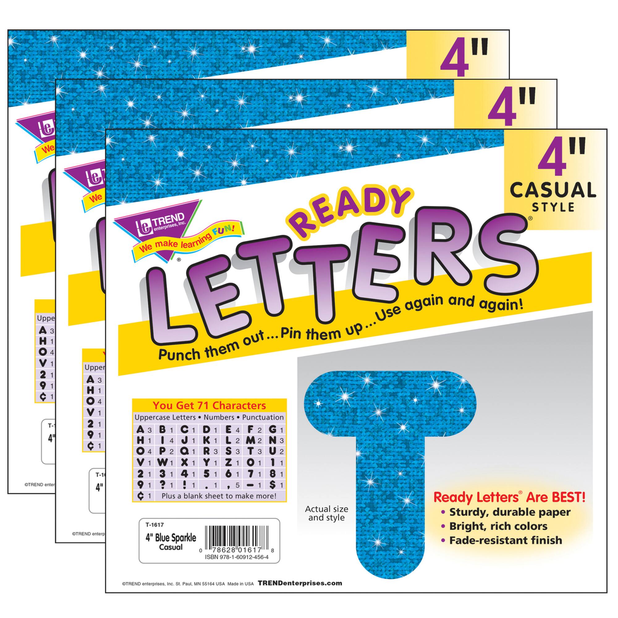 TREND Enterprises® Blue Sparkle 4" Casual Uppercase Ready Letters®, 71 Per Pack, 3 Packs